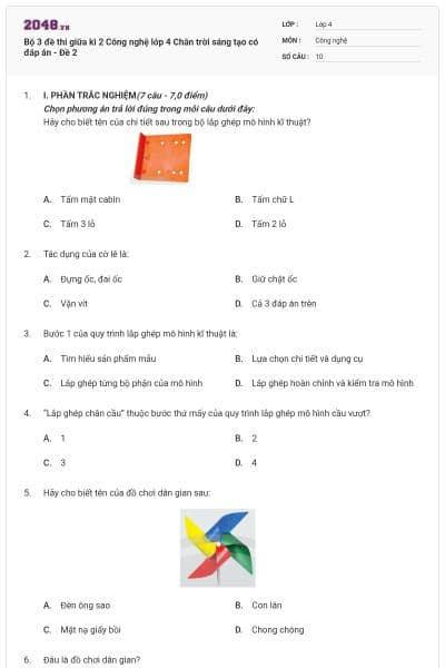 Bộ 3 đề thi giữa kì 2 Công nghệ lớp 4 Chân trời sáng tạo có đáp án - Đề 2