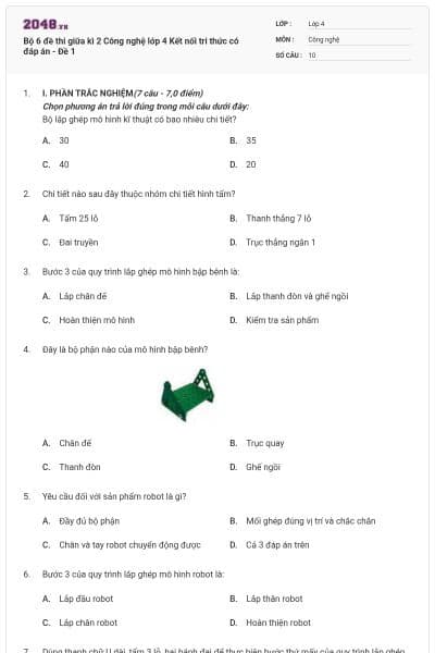 Bộ 6 đề thi giữa kì 2 Công nghệ lớp 4 Kết nối tri thức có đáp án - Đề 1