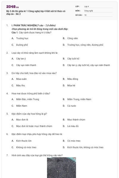 Bộ 3 đề thi giữa kì 1 Công nghệ lớp 4 Kết nối tri thức có đáp án - Đề 2