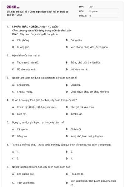 Bộ 3 đề thi cuối kì 1 Công nghệ lớp 4 Kết nối tri thức có đáp án - Đề 2