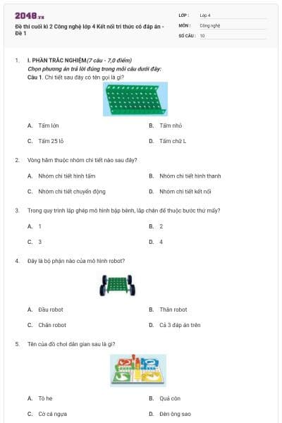 Đề thi cuối kì 2 Công nghệ lớp 4 Kết nối tri thức có đáp án - Đề 1