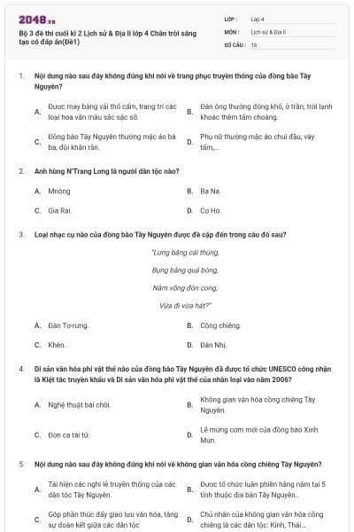 Bộ 3 đề thi cuối kì 2 Lịch sử & Địa lí lớp 4 Chân trời sáng tạo có đáp án(Đề1)