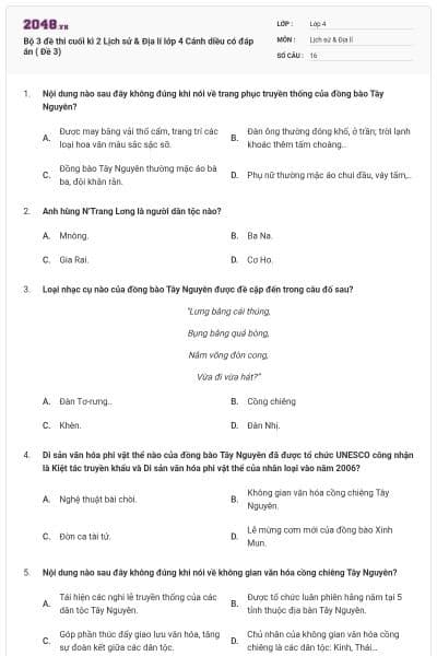 Bộ 3 đề thi cuối kì 2 Lịch sử & Địa lí lớp 4 Cánh diều có đáp án ( Đề 3)