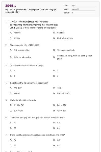 Bộ 2 đề thi giữa học kì 1 Công nghệ 8 Chân trời sáng tạo có đáp án (Đề 1)