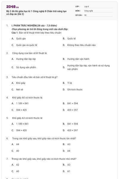 Bộ 2 đề thi giữa học kì 1 Công nghệ 8 Chân trời sáng tạo có đáp án (Đề 2)