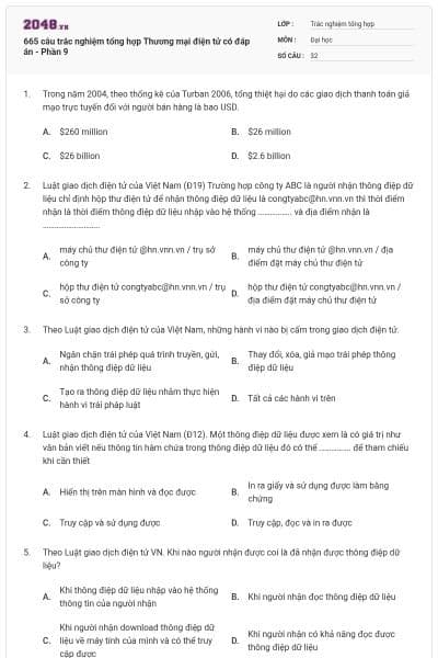 665 câu trắc nghiệm tổng hợp Thương mại điện tử có đáp án - Phần 9