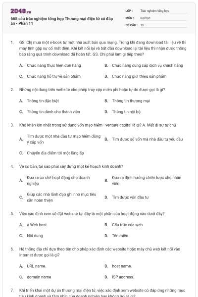665 câu trắc nghiệm tổng hợp Thương mại điện tử có đáp án - Phần 11