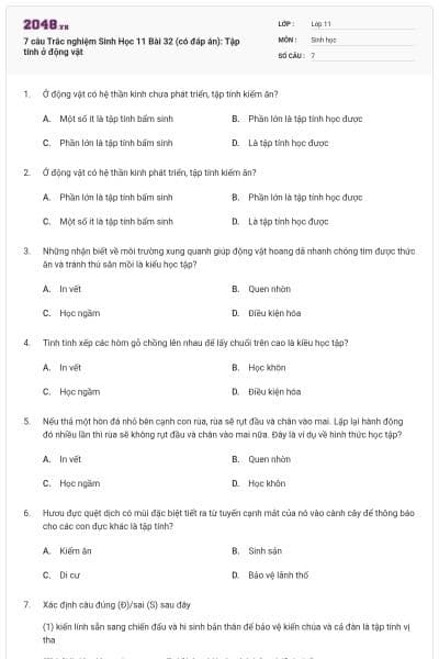 7 câu  Trắc nghiệm Sinh Học 11 Bài 32 (có đáp án): Tập tính ở động vật