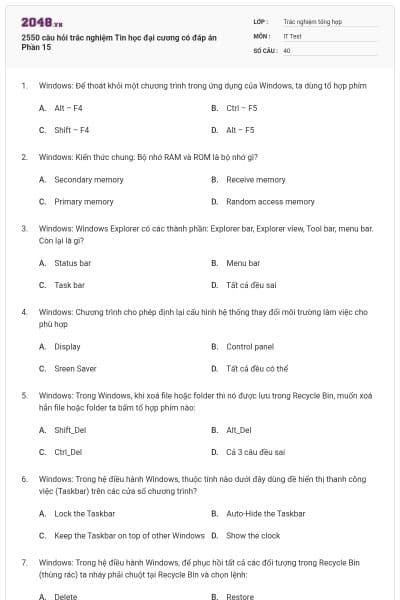2550 câu hỏi trắc nghiệm Tin học đại cương có đáp án Phần 15