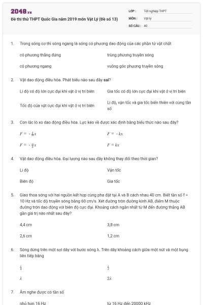 Đề thi thử THPT Quốc Gia năm 2019 môn Vật Lý (Đề số 13)