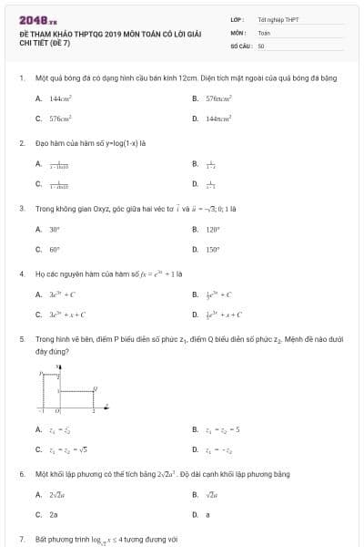 ĐỀ THAM KHẢO THPTQG 2019 MÔN TOÁN CÓ LỜI GIẢI CHI TIẾT (ĐỀ 7)