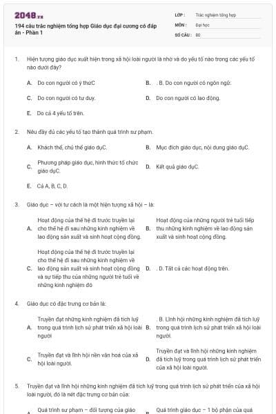 194 câu trắc nghiệm tổng hợp Giáo dục đại cương có đáp án - Phần 1