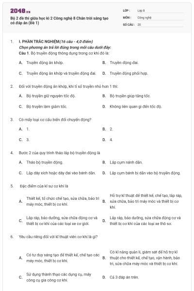 Bộ 2 đề thi giữa học kì 2 Công nghệ 8 Chân trời sáng tạo có đáp án (Đề 1)