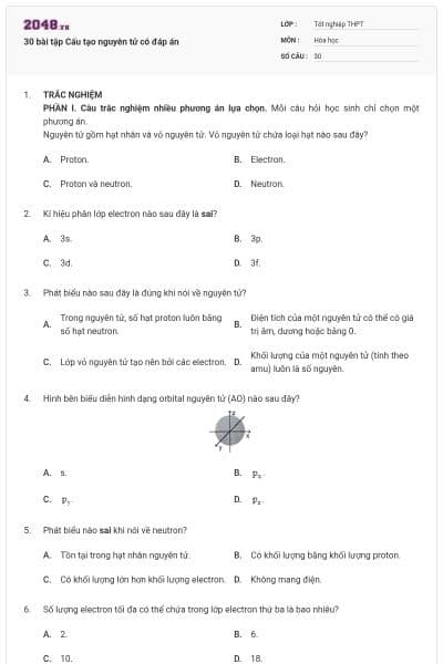 30 bài tập Cấu tạo nguyên tử có đáp án