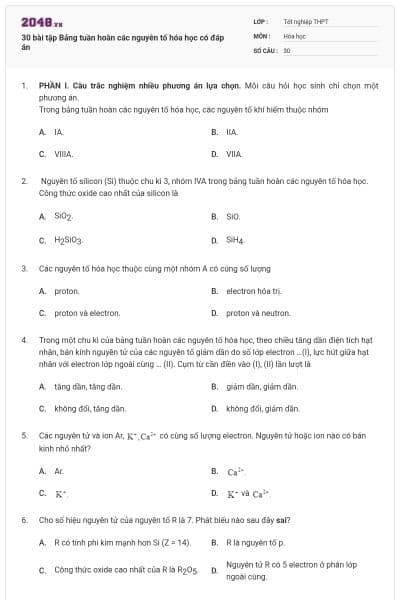 30 bài tập Bảng tuần hoàn các nguyên tố hóa học có đáp án