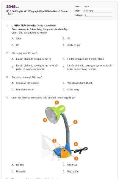 Bộ 3 đề thi giữa kì 1 Công nghệ lớp 3 Cánh diều có đáp án - Đề 1