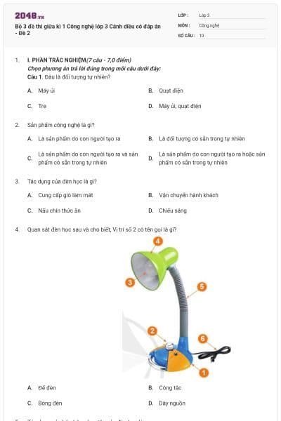 Bộ 3 đề thi giữa kì 1 Công nghệ lớp 3 Cánh diều có đáp án - Đề 2