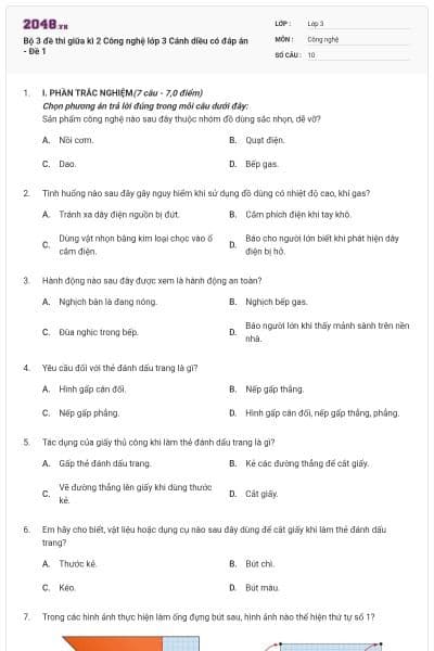 Bộ 3 đề thi giữa kì 2 Công nghệ lớp 3 Cánh diều có đáp án - Đề 1