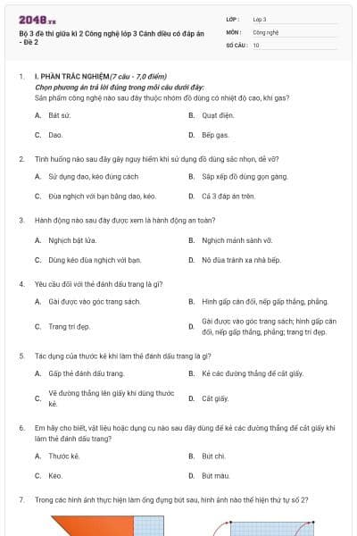 Bộ 3 đề thi giữa kì 2 Công nghệ lớp 3 Cánh diều có đáp án - Đề 2