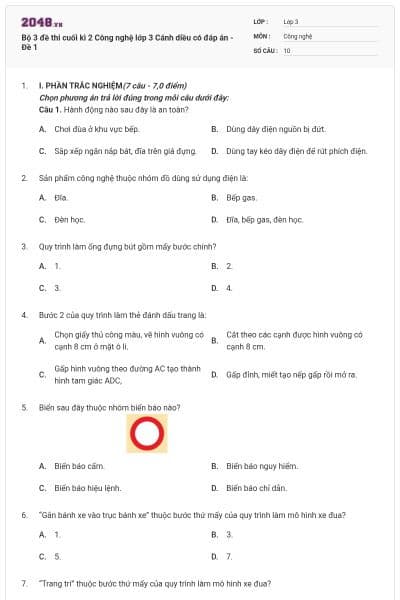 Bộ 3 đề thi cuối kì 2 Công nghệ lớp 3 Cánh diều có đáp án - Đề 1