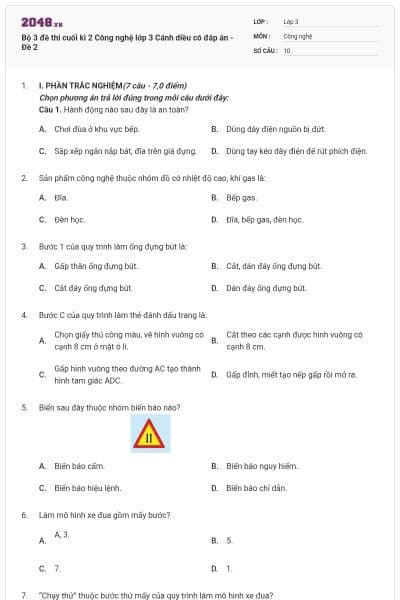 Bộ 3 đề thi cuối kì 2 Công nghệ lớp 3 Cánh diều có đáp án - Đề 2