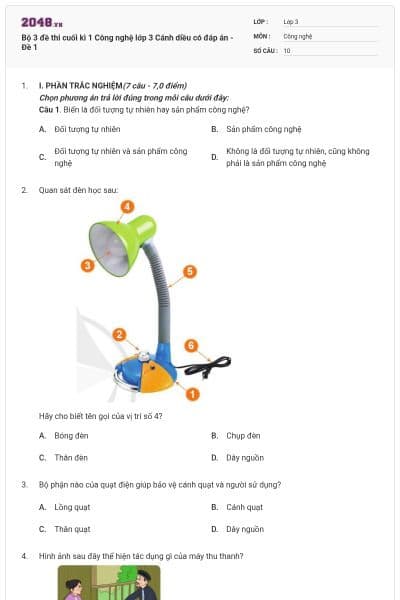 Bộ 3 đề thi cuối kì 1 Công nghệ lớp 3 Cánh diều có đáp án - Đề 1