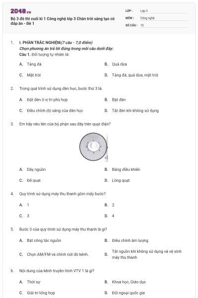 Bộ 3 đề thi cuối kì 1 Công nghệ lớp 3 Chân trời sáng tạo có đáp án - Đề 1