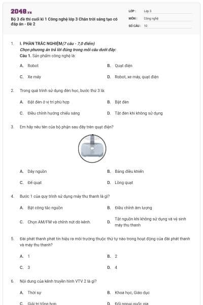 Bộ 3 đề thi cuối kì 1 Công nghệ lớp 3 Chân trời sáng tạo có đáp án - Đề 2