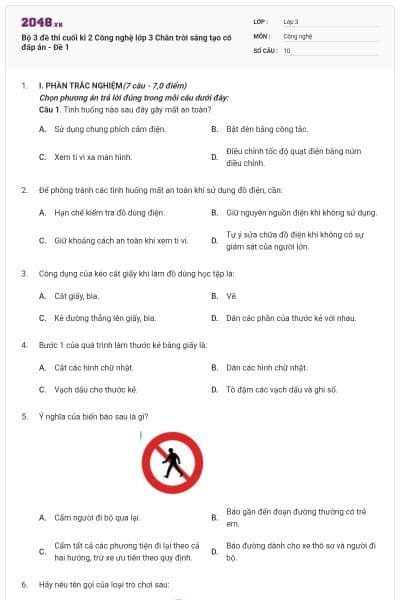 Bộ 3 đề thi cuối kì 2 Công nghệ lớp 3 Chân trời sáng tạo có đáp án - Đề 1