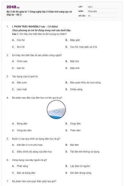 Bộ 3 đề thi giữa kì 1 Công nghệ lớp 3 Chân trời sáng tạo có đáp án - Đề 2