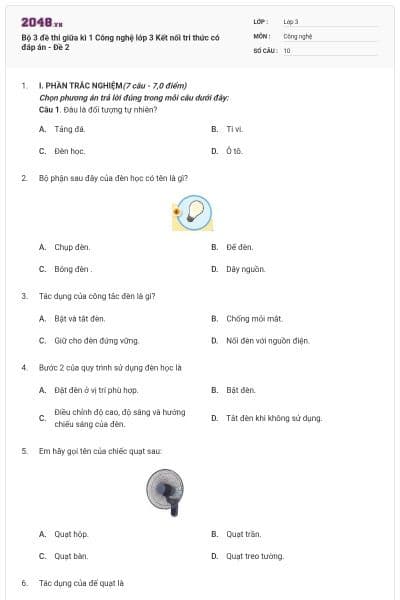 Bộ 3 đề thi giữa kì 1 Công nghệ lớp 3 Kết nối tri thức có đáp án - Đề 2