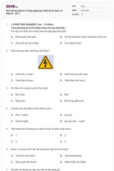 Bộ 6 đề thi giữa kì 2 Công nghệ lớp 3 Kết nối tri thức có đáp án - Đề 1