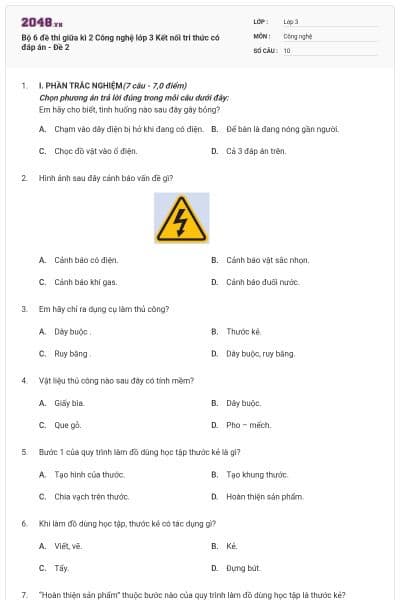 Bộ 6 đề thi giữa kì 2 Công nghệ lớp 3 Kết nối tri thức có đáp án - Đề 2
