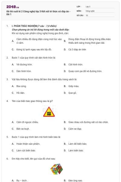 Đề thi cuối kì 2 Công nghệ lớp 3 Kết nối tri thức có đáp án - Đề 1