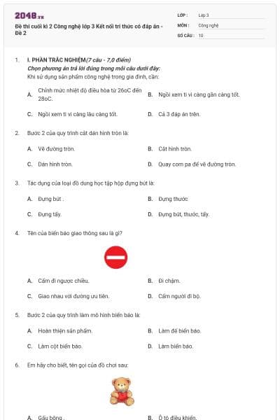 Đề thi cuối kì 2 Công nghệ lớp 3 Kết nối tri thức có đáp án - Đề 2