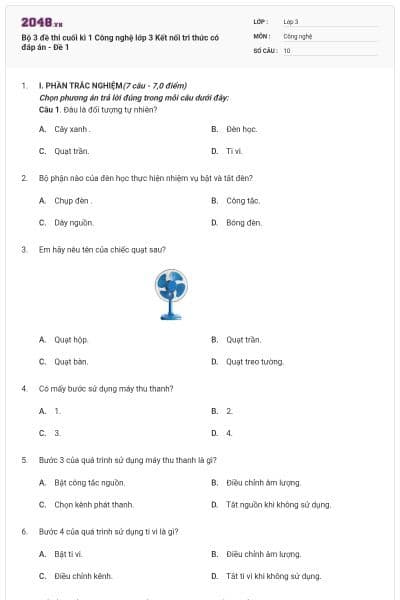 Bộ 3 đề thi cuối kì 1 Công nghệ lớp 3 Kết nối tri thức có đáp án - Đề 1