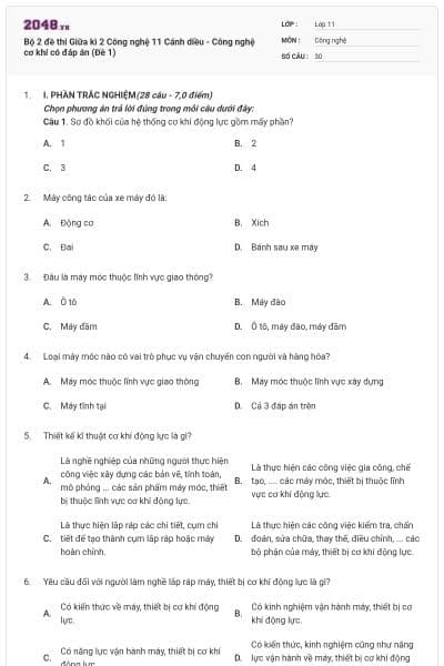Bộ 2 đề thi Giữa kì 2 Công nghệ 11 Cánh diều - Công nghệ cơ khí có đáp án (Đề 1)