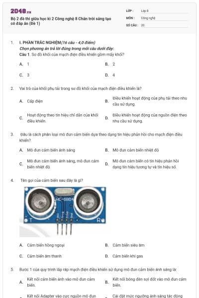 Bộ 2 đề thi giữa học kì 2 Công nghệ 8 Chân trời sáng tạo có đáp án (Đề 1)
