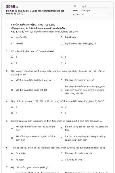 Bộ 2 đề thi giữa học kì 2 Công nghệ 8 Chân trời sáng tạo có đáp án (Đề 2)