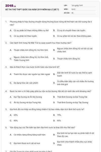 ĐỀ THI THỬ THPT QUỐC GIA NĂM 2019 MÔN ĐỊA LÍ (ĐỀ 7)