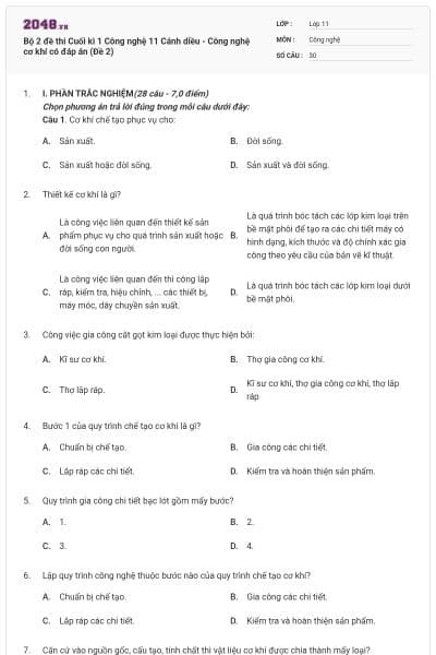 Bộ 2 đề thi Cuối kì 1 Công nghệ 11 Cánh diều - Công nghệ cơ khí có đáp án (Đề 2)