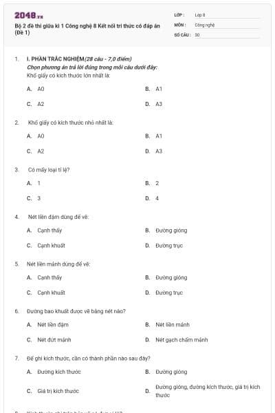 Bộ 2 đề thi giữa kì 1 Công nghệ 8 Kết nối tri thức có đáp án (Đề 1)
