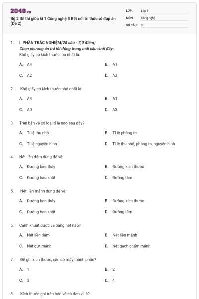 Bộ 2 đề thi giữa kì 1 Công nghệ 8 Kết nối tri thức có đáp án (Đề 2)