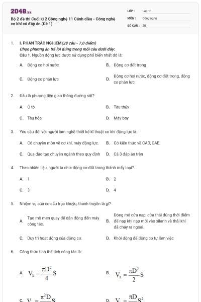 Bộ 2 đề thi Cuối kì 2 Công nghệ 11 Cánh diều - Công nghệ cơ khí có đáp án (Đề 1)