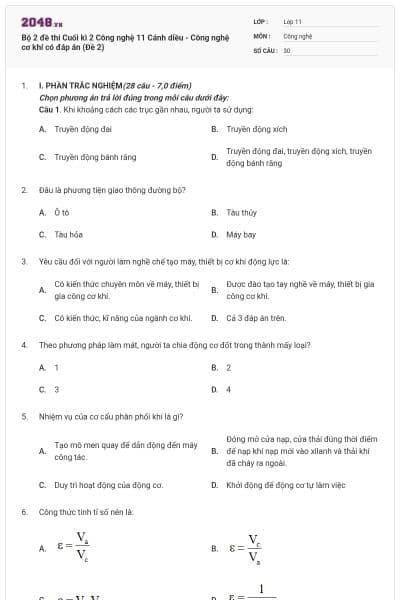 Bộ 2 đề thi Cuối kì 2 Công nghệ 11 Cánh diều - Công nghệ cơ khí có đáp án (Đề 2)