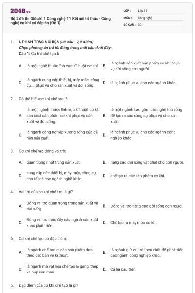Bộ 2 đề thi Giữa kì 1 Công nghệ 11 Kết nối tri thức - Công nghệ cơ khí có đáp án (Đề 1)