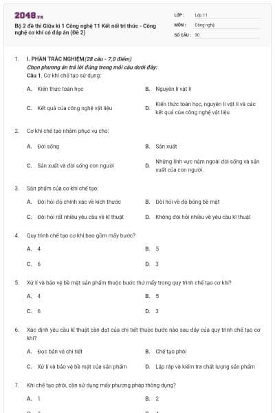 Bộ 2 đề thi Giữa kì 1 Công nghệ 11 Kết nối tri thức - Công nghệ cơ khí có đáp án (Đề 2)
