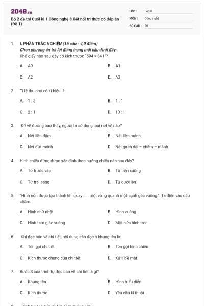 Bộ 2 đề thi Cuối kì 1 Công nghệ 8 Kết nối tri thức có đáp án (Đề 1)