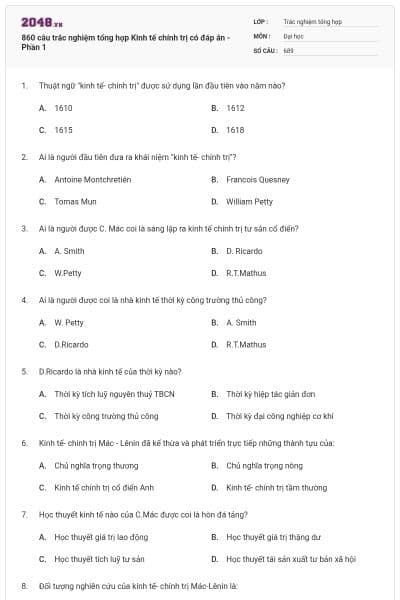 860 câu trắc nghiệm tổng hợp Kinh tế chính trị có đáp án -Phần 1