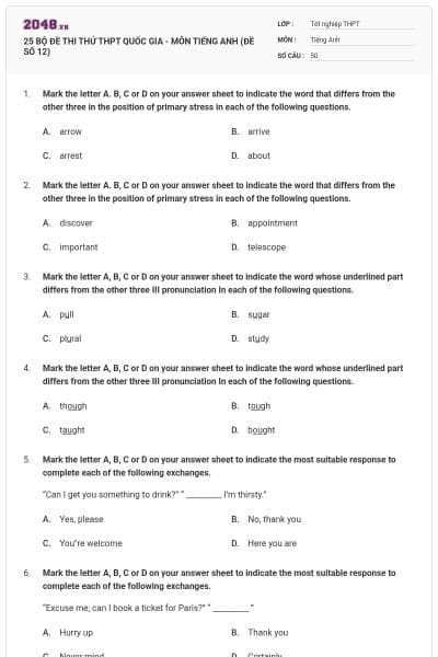 25 BỘ ĐỀ THI THỬ THPT QUỐC GIA - MÔN TIẾNG ANH (ĐỀ SỐ 12)